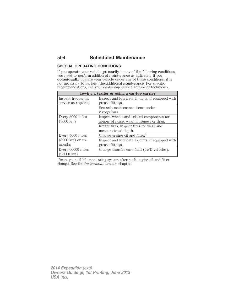 Special operating conditions, 504 scheduled maintenance | FORD 2014 Expedition v.1 User Manual | Page 505 / 519