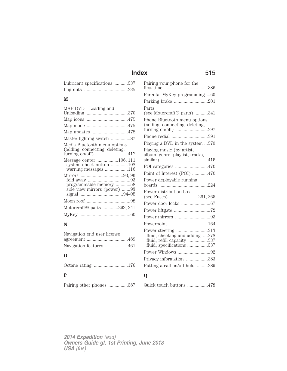 Index 515 | FORD 2014 Expedition v.1 User Manual | Page 516 / 519