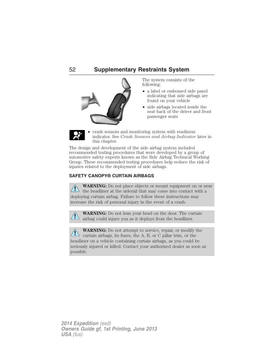 Safety canopy® curtain airbags, Safety canopy curtain airbags, 52 supplementary restraints system | FORD 2014 Expedition v.1 User Manual | Page 53 / 519