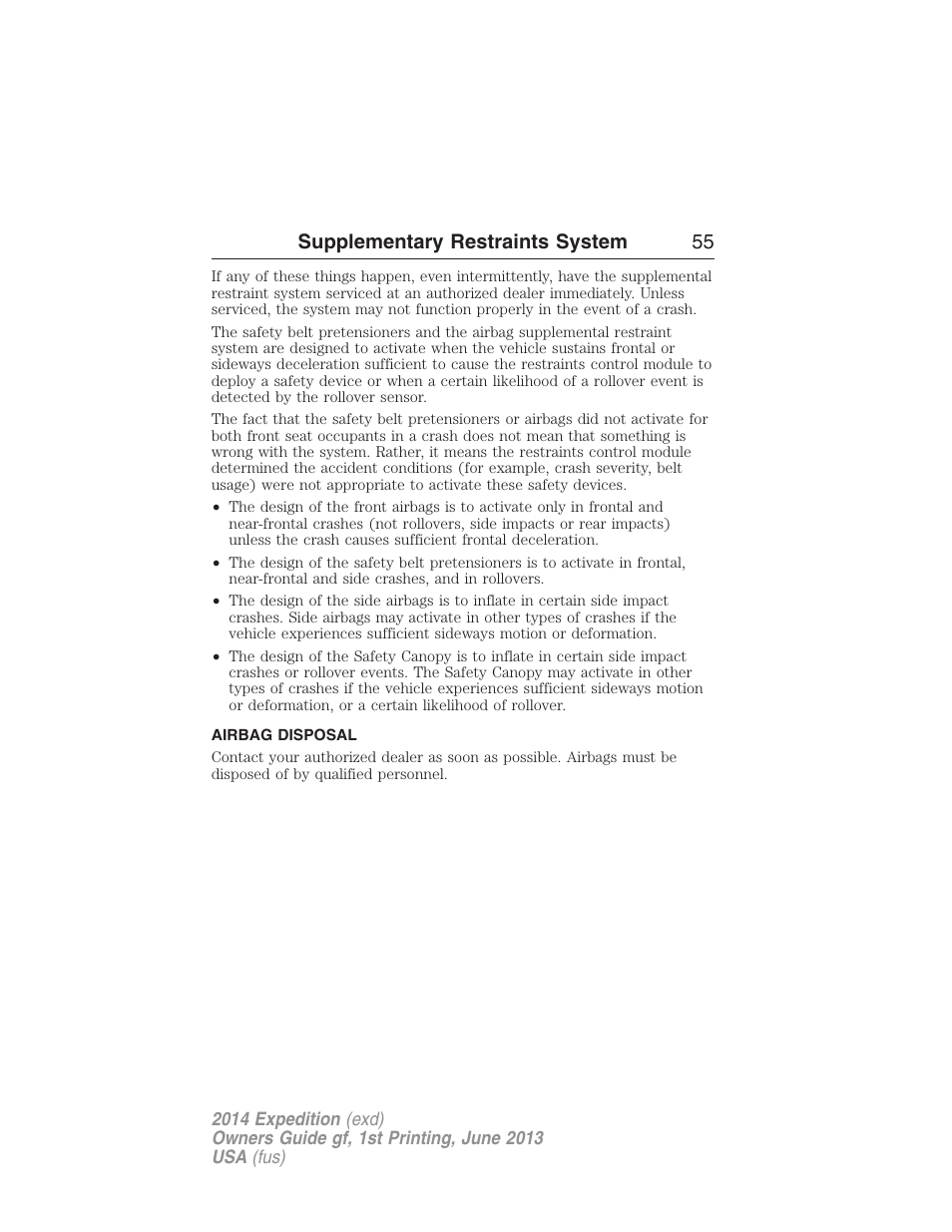 Airbag disposal, Supplementary restraints system 55 | FORD 2014 Expedition v.1 User Manual | Page 56 / 519