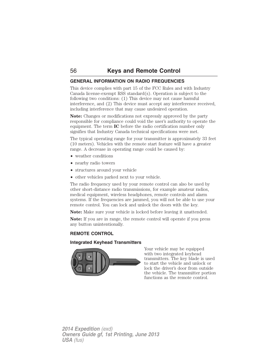 Keys and remote control, General information on radio frequencies, Remote control | Integrated keyhead transmitters, Keys, 56 keys and remote control | FORD 2014 Expedition v.1 User Manual | Page 57 / 519