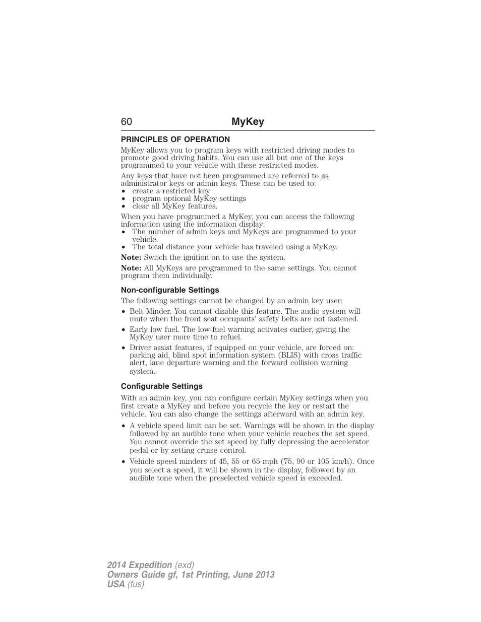 Mykey, Principles of operation, Non-configurable settings | Configurable settings, Settings, mykey, 60 mykey | FORD 2014 Expedition v.1 User Manual | Page 61 / 519