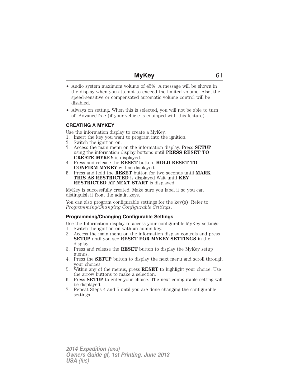 Creating a mykey, Programming/changing configurable settings, Creating | Mykey 61 | FORD 2014 Expedition v.1 User Manual | Page 62 / 519