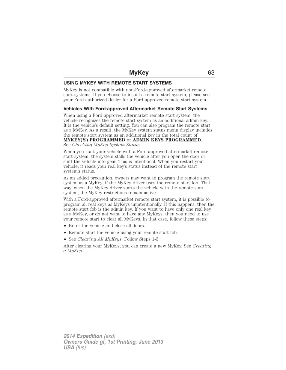 Using mykey with remote start systems, Remote start, mykey, Mykey 63 | FORD 2014 Expedition v.1 User Manual | Page 64 / 519