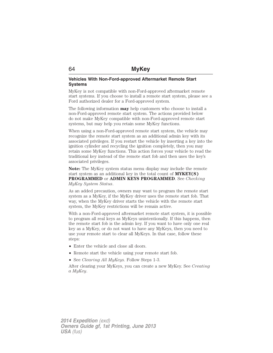 64 mykey | FORD 2014 Expedition v.1 User Manual | Page 65 / 519