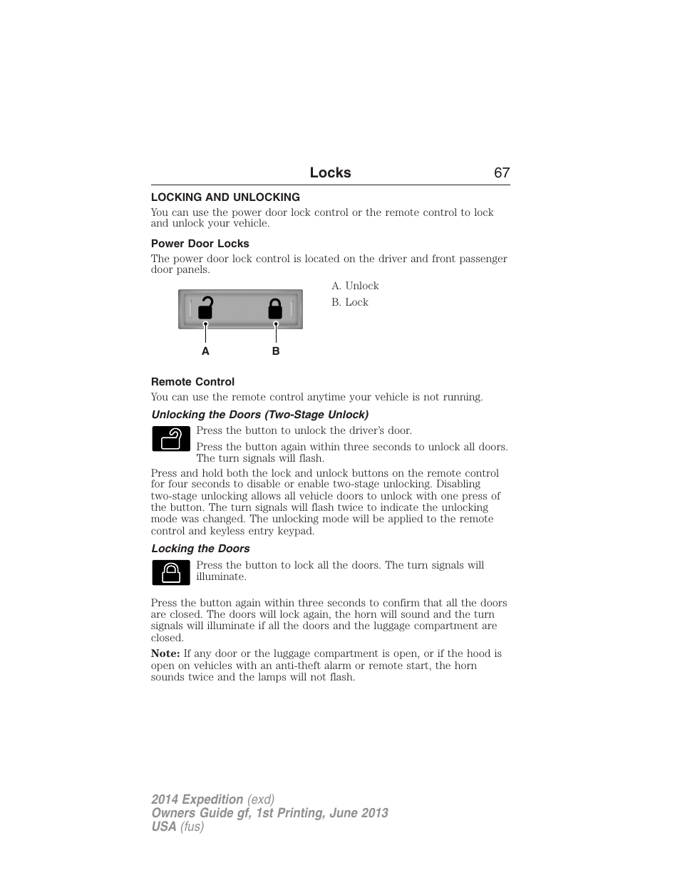 Locks, Locking and unlocking, Power door locks | Remote control, Unlocking the doors (two-stage unlock), Locking the doors, Locks 67 | FORD 2014 Expedition v.1 User Manual | Page 68 / 519