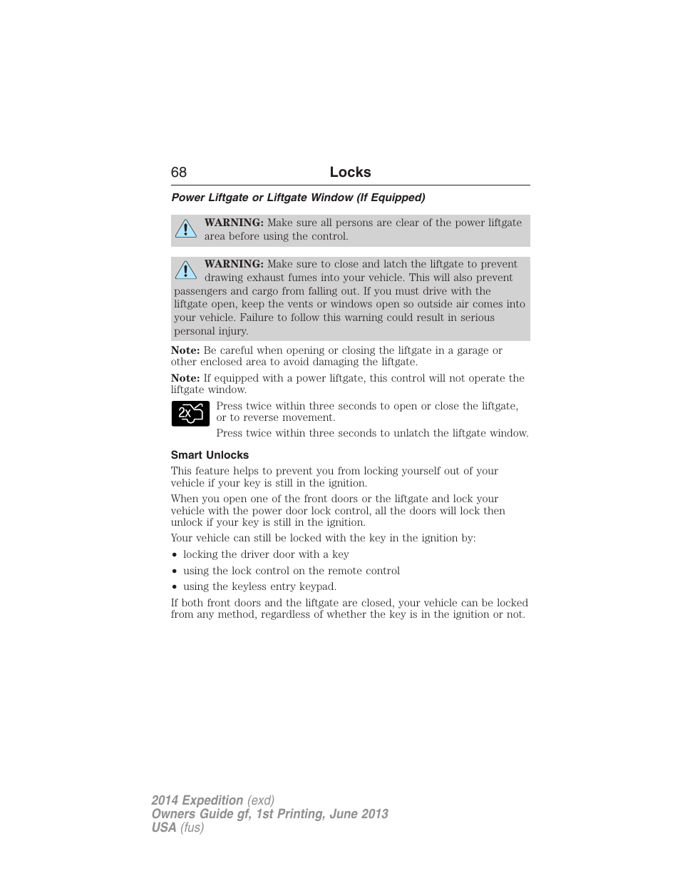 Power liftgate or liftgate window (if equipped), Smart unlocks, 68 locks | FORD 2014 Expedition v.1 User Manual | Page 69 / 519