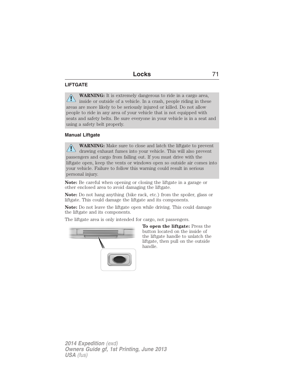 Liftgate, Manual liftgate, Locks 71 | FORD 2014 Expedition v.1 User Manual | Page 72 / 519