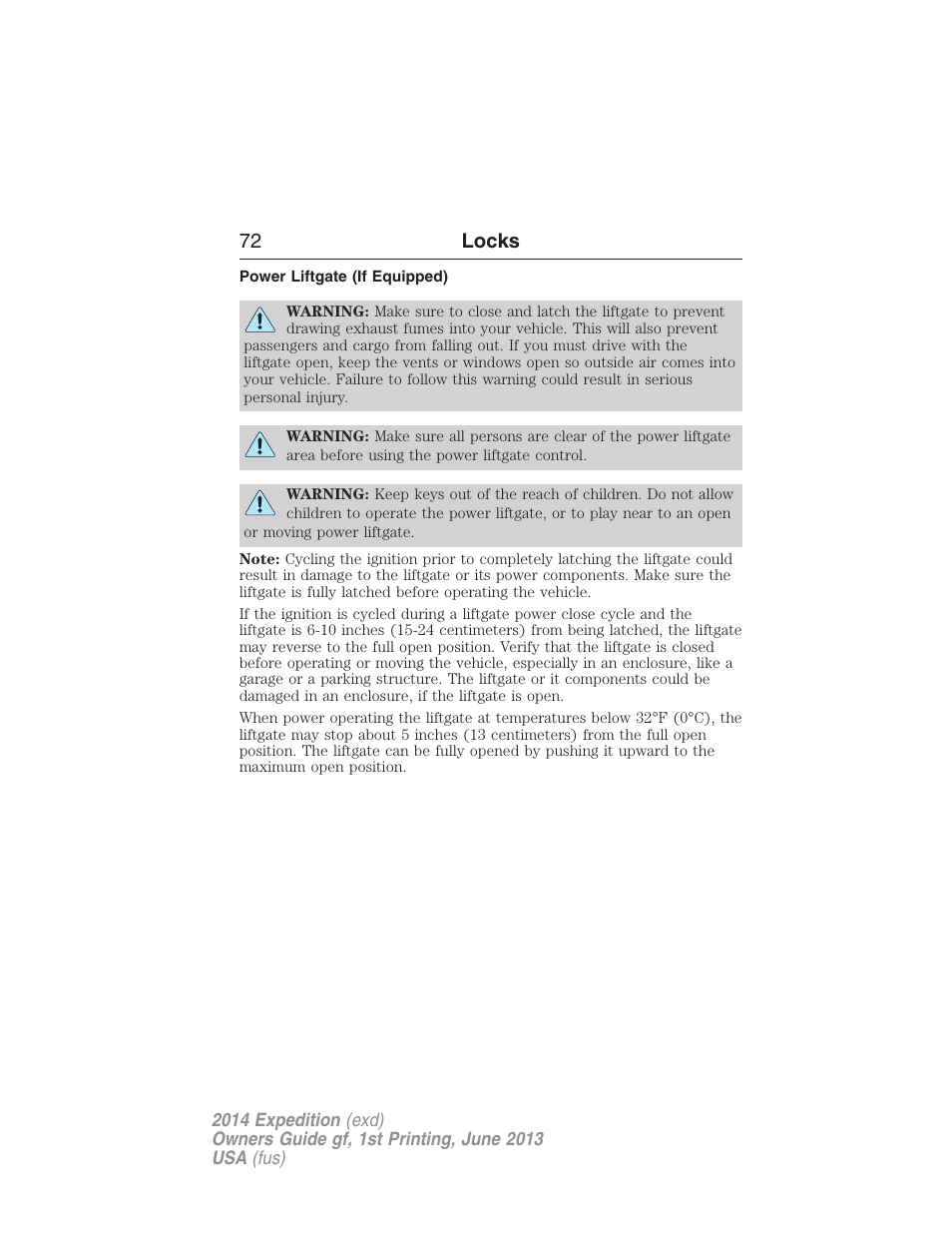 Power liftgate (if equipped), 72 locks | FORD 2014 Expedition v.1 User Manual | Page 73 / 519