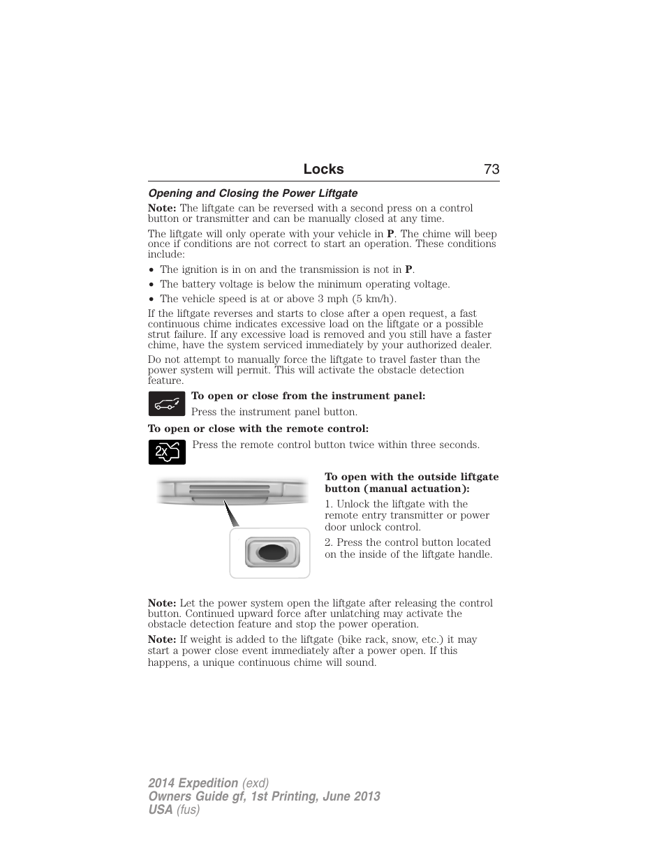 Opening and closing the power liftgate, Locks 73 | FORD 2014 Expedition v.1 User Manual | Page 74 / 519