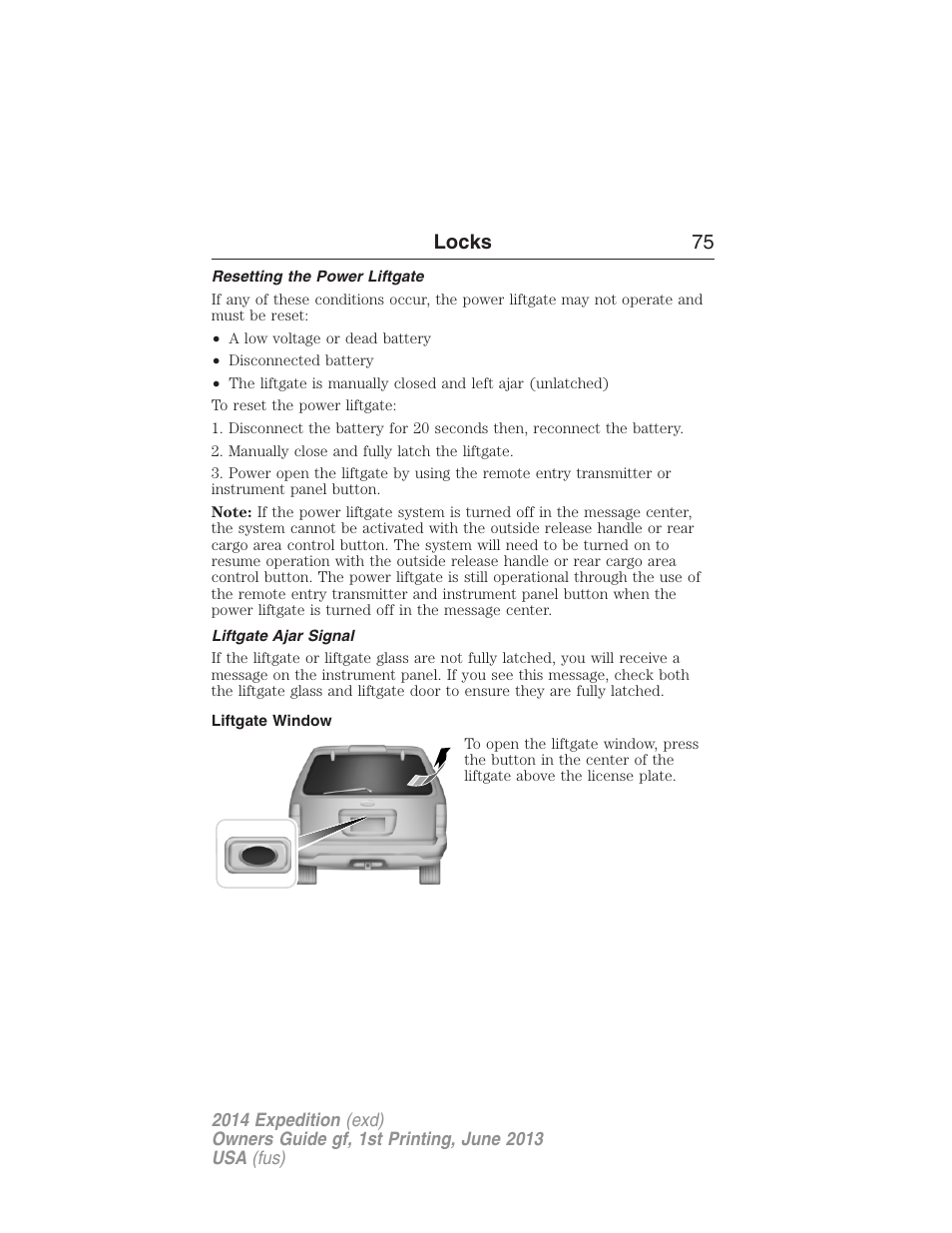 Resetting the power liftgate, Liftgate ajar signal, Liftgate window | Locks 75 | FORD 2014 Expedition v.1 User Manual | Page 76 / 519