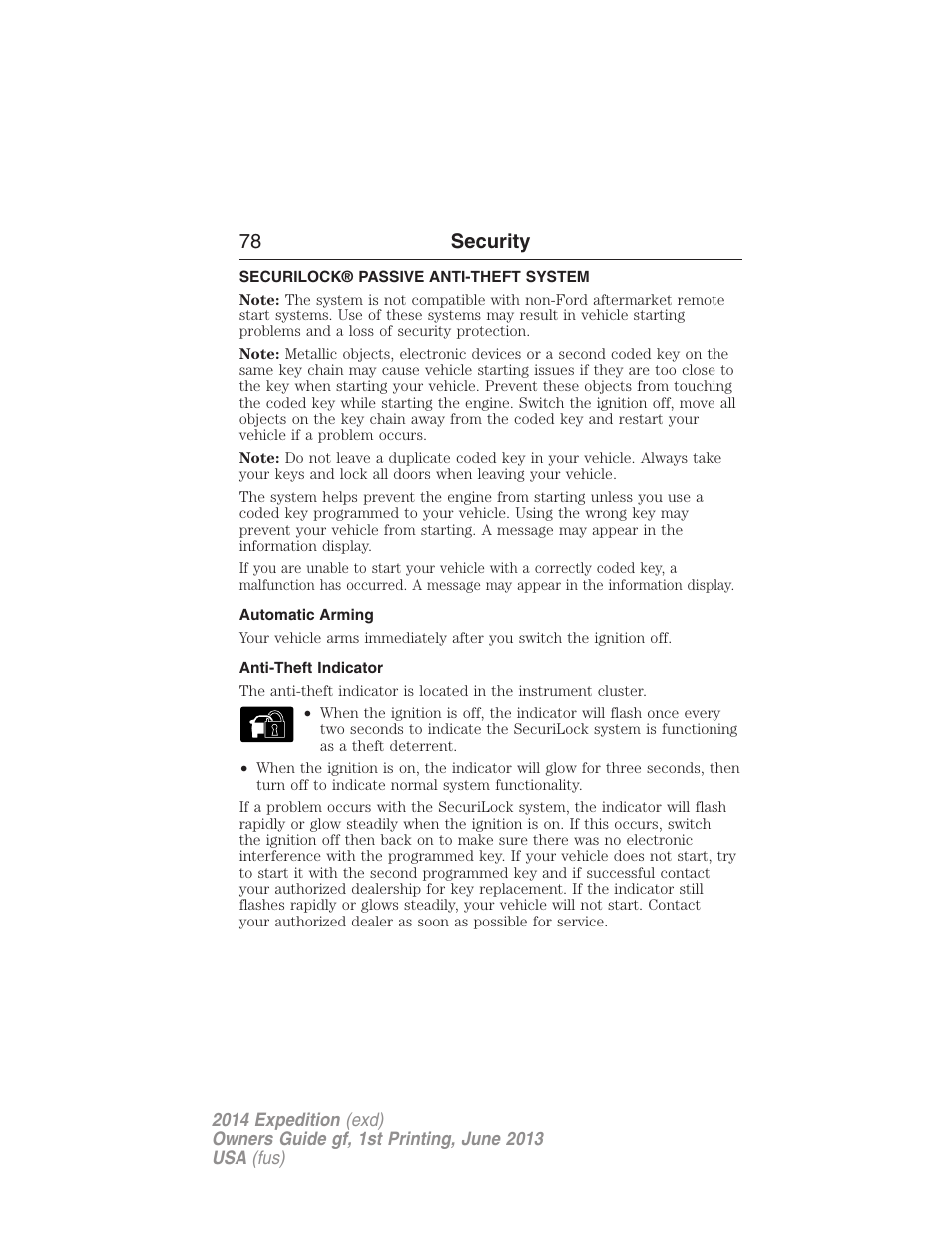 Security, Securilock® passive anti-theft system, Automatic arming | Anti-theft indicator, 78 security | FORD 2014 Expedition v.1 User Manual | Page 79 / 519
