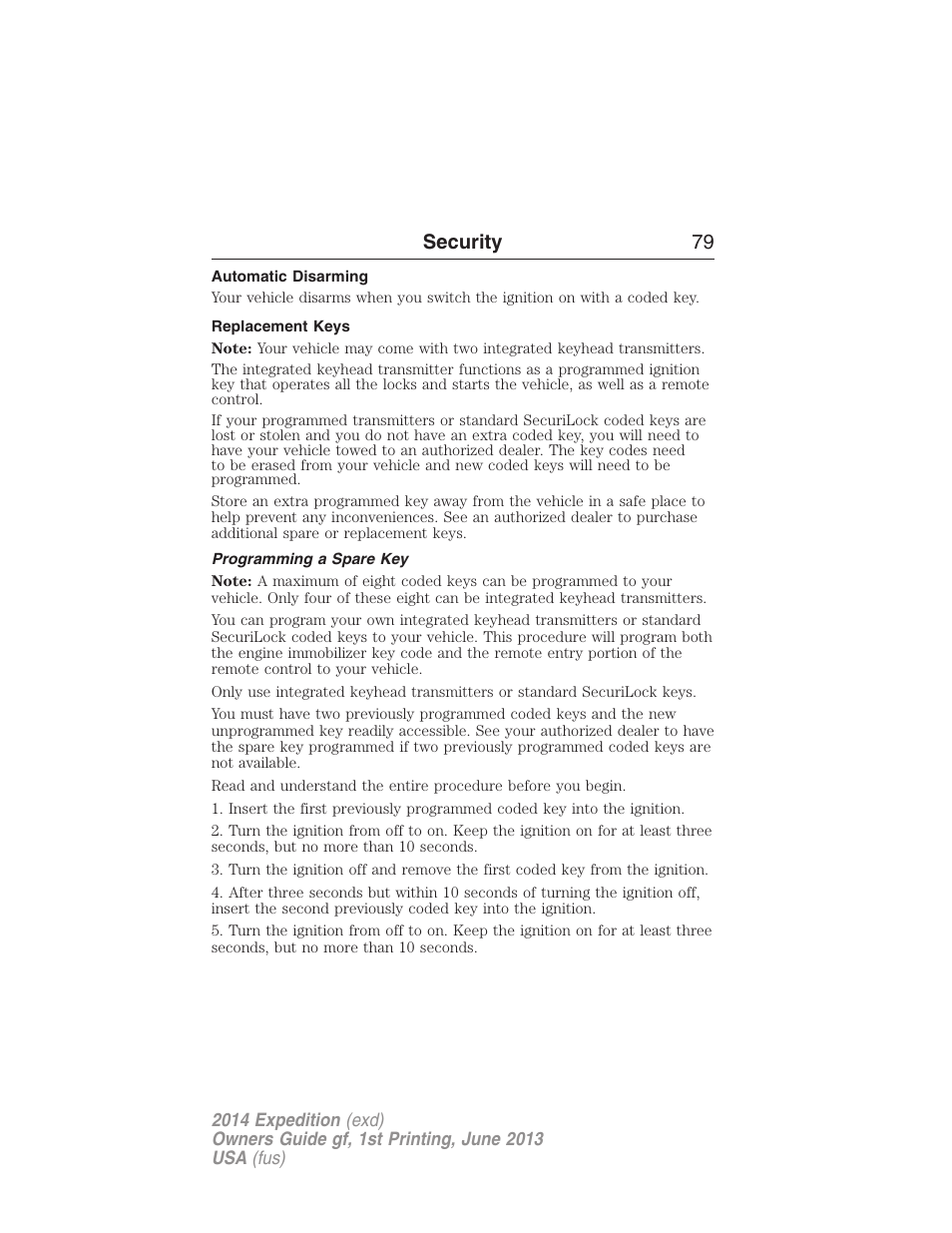 Automatic disarming, Replacement keys, Programming a spare key | Security 79 | FORD 2014 Expedition v.1 User Manual | Page 80 / 519