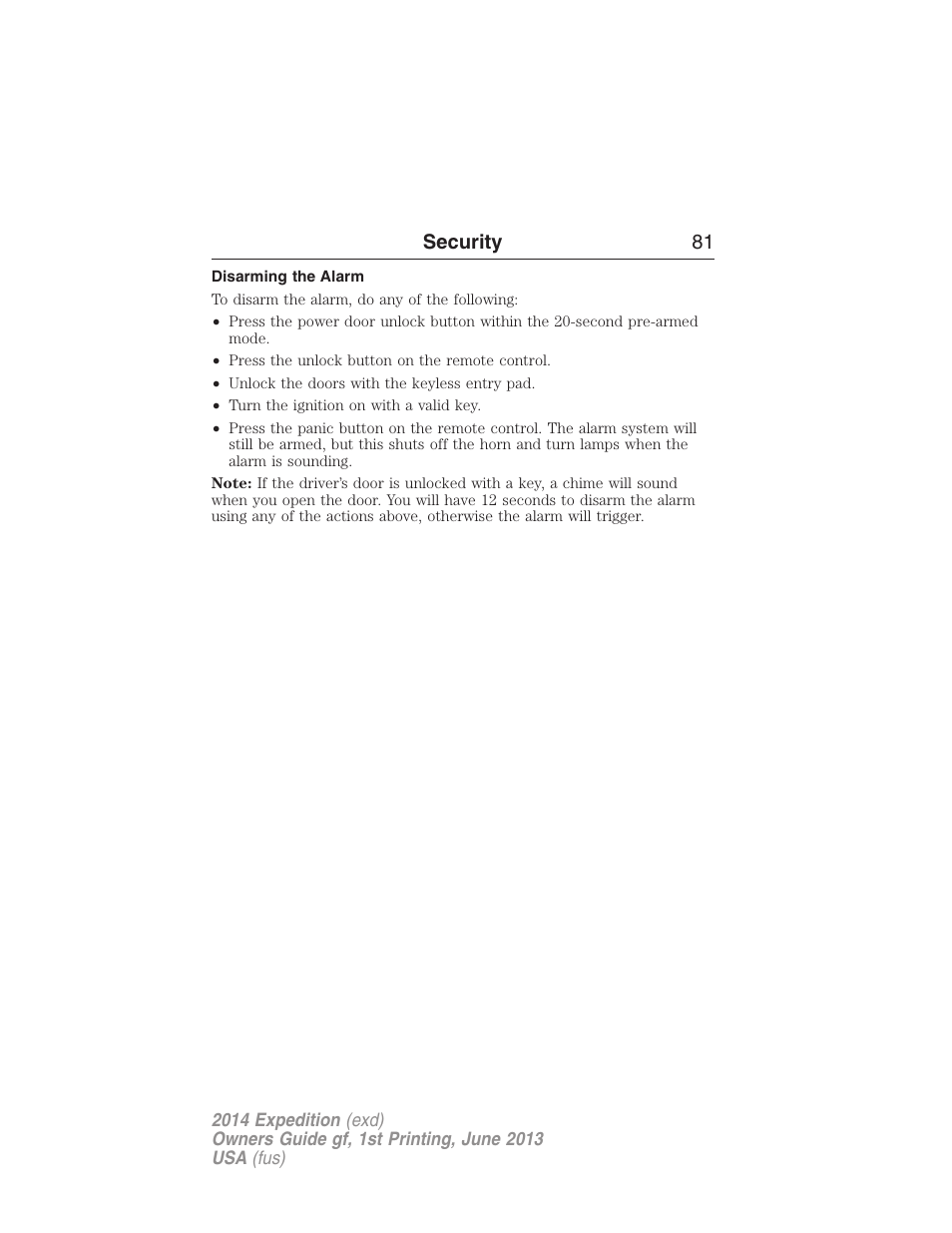 Disarming the alarm, Security 81 | FORD 2014 Expedition v.1 User Manual | Page 82 / 519