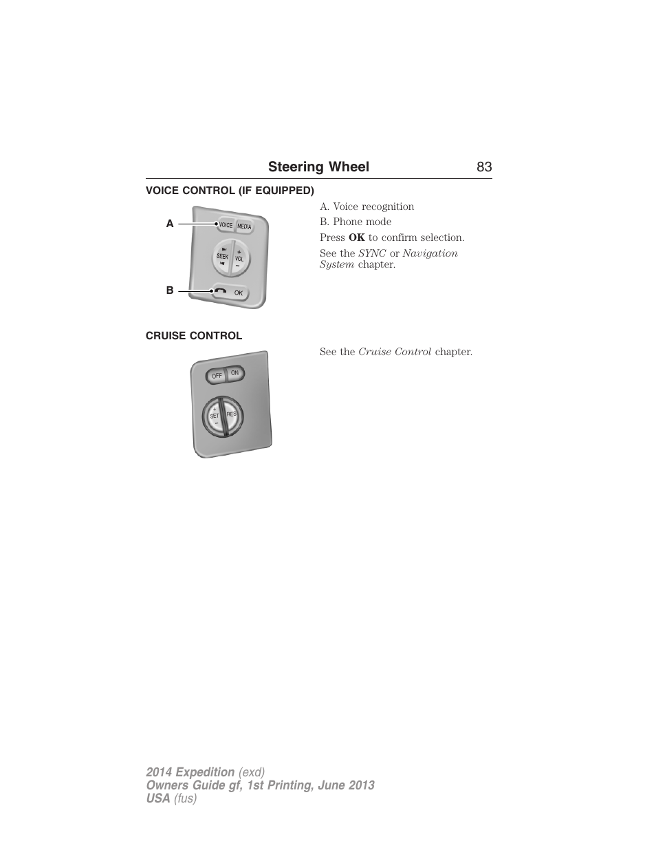 Voice control (if equipped), Cruise control, Steering wheel 83 | FORD 2014 Expedition v.1 User Manual | Page 84 / 519