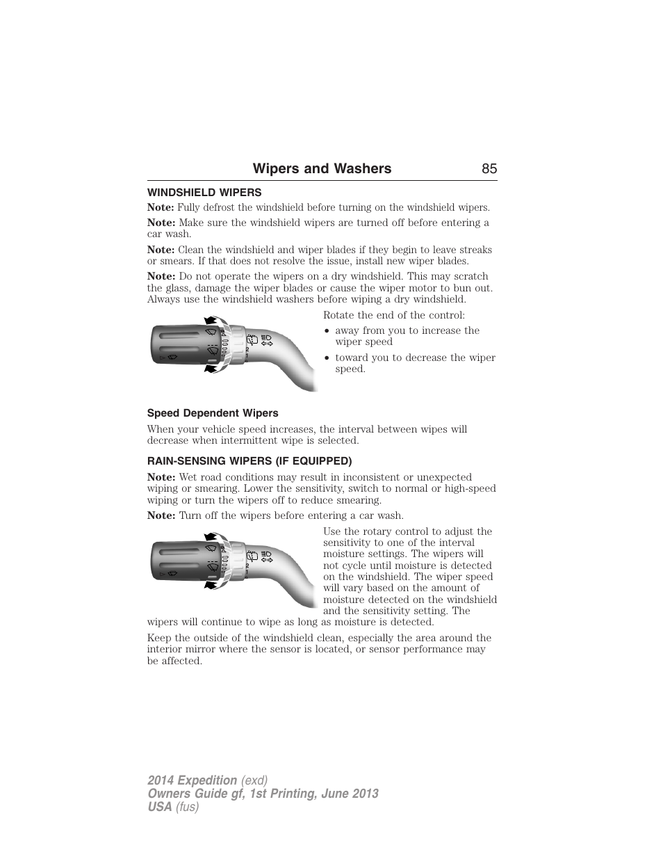 Wipers and washers, Windshield wipers, Speed dependent wipers | Rain-sensing wipers (if equipped), Rain-sensing wipers, Wipers and washers 85 | FORD 2014 Expedition v.1 User Manual | Page 86 / 519