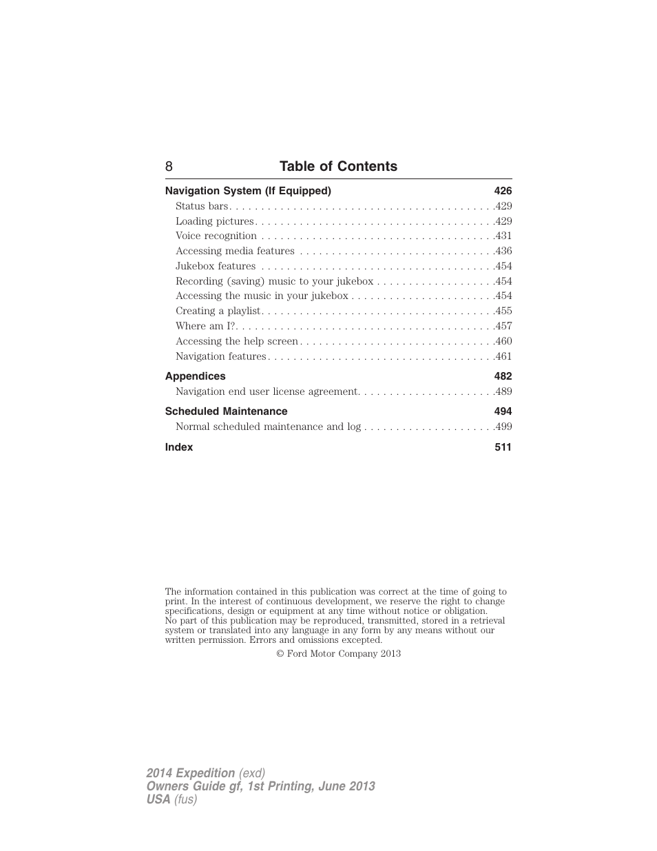 8table of contents | FORD 2014 Expedition v.1 User Manual | Page 9 / 519