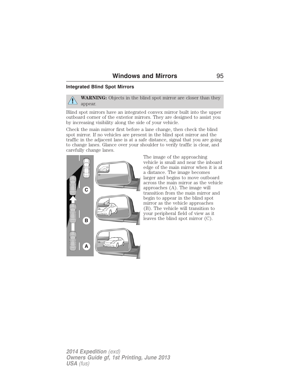 Integrated blind spot mirrors, Windows and mirrors 95 | FORD 2014 Expedition v.1 User Manual | Page 96 / 519