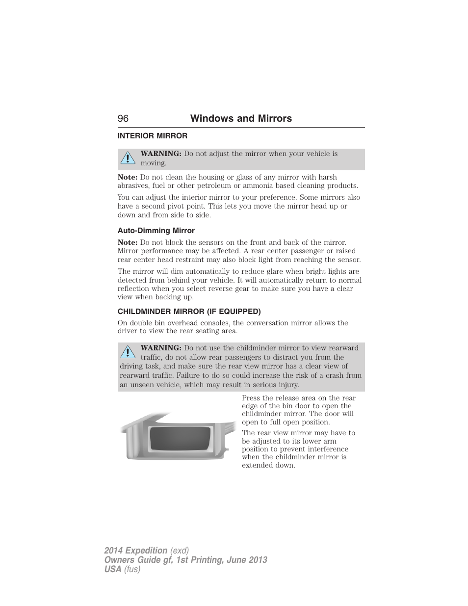 Interior mirror, Auto-dimming mirror, Childminder mirror (if equipped) | Interior mirrors, 96 windows and mirrors | FORD 2014 Expedition v.1 User Manual | Page 97 / 519