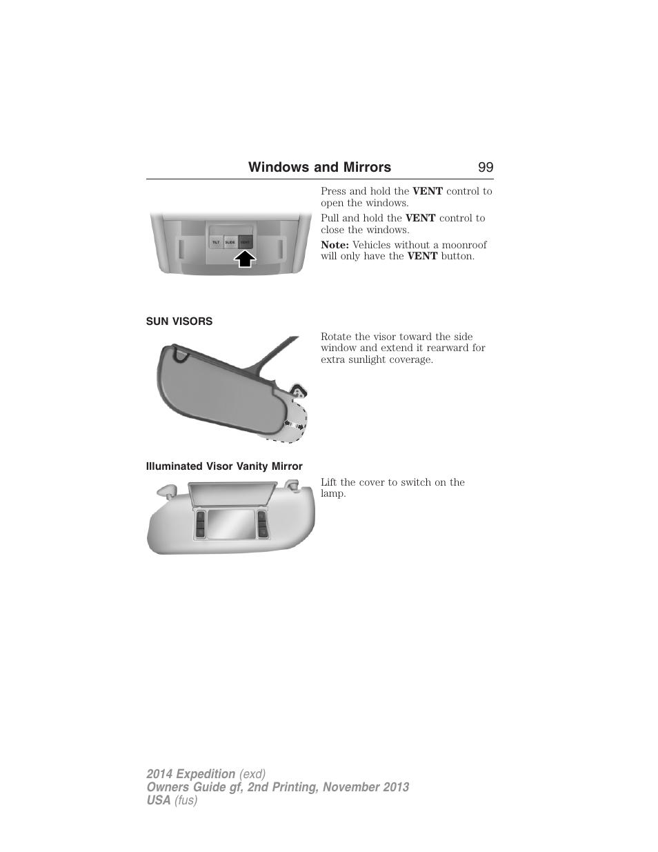 Sun visors, Illuminated visor vanity mirror, Windows and mirrors 99 | FORD 2014 Expedition v.2 User Manual | Page 100 / 529