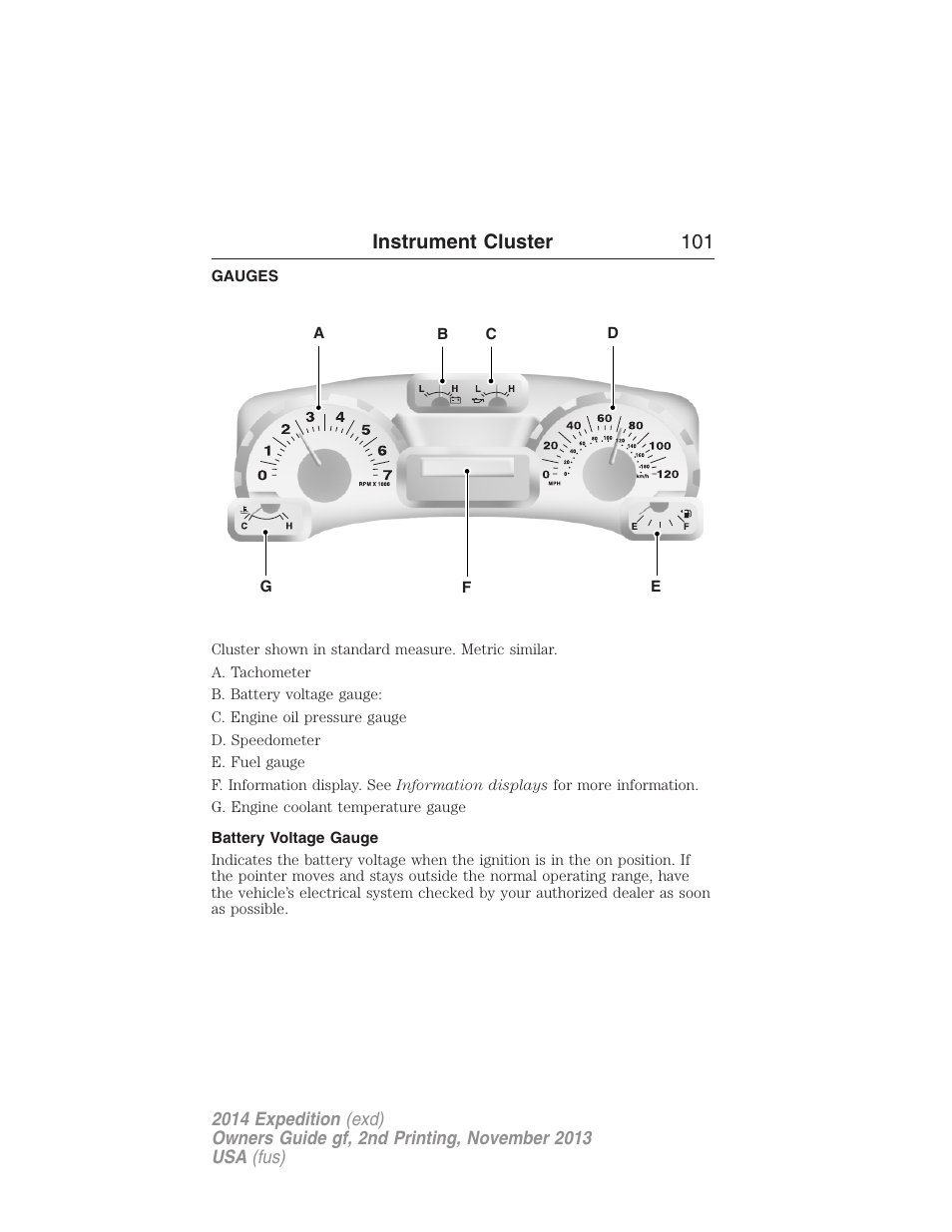 Instrument cluster, Gauges, Battery voltage gauge | Instrument cluster 101 | FORD 2014 Expedition v.2 User Manual | Page 102 / 529