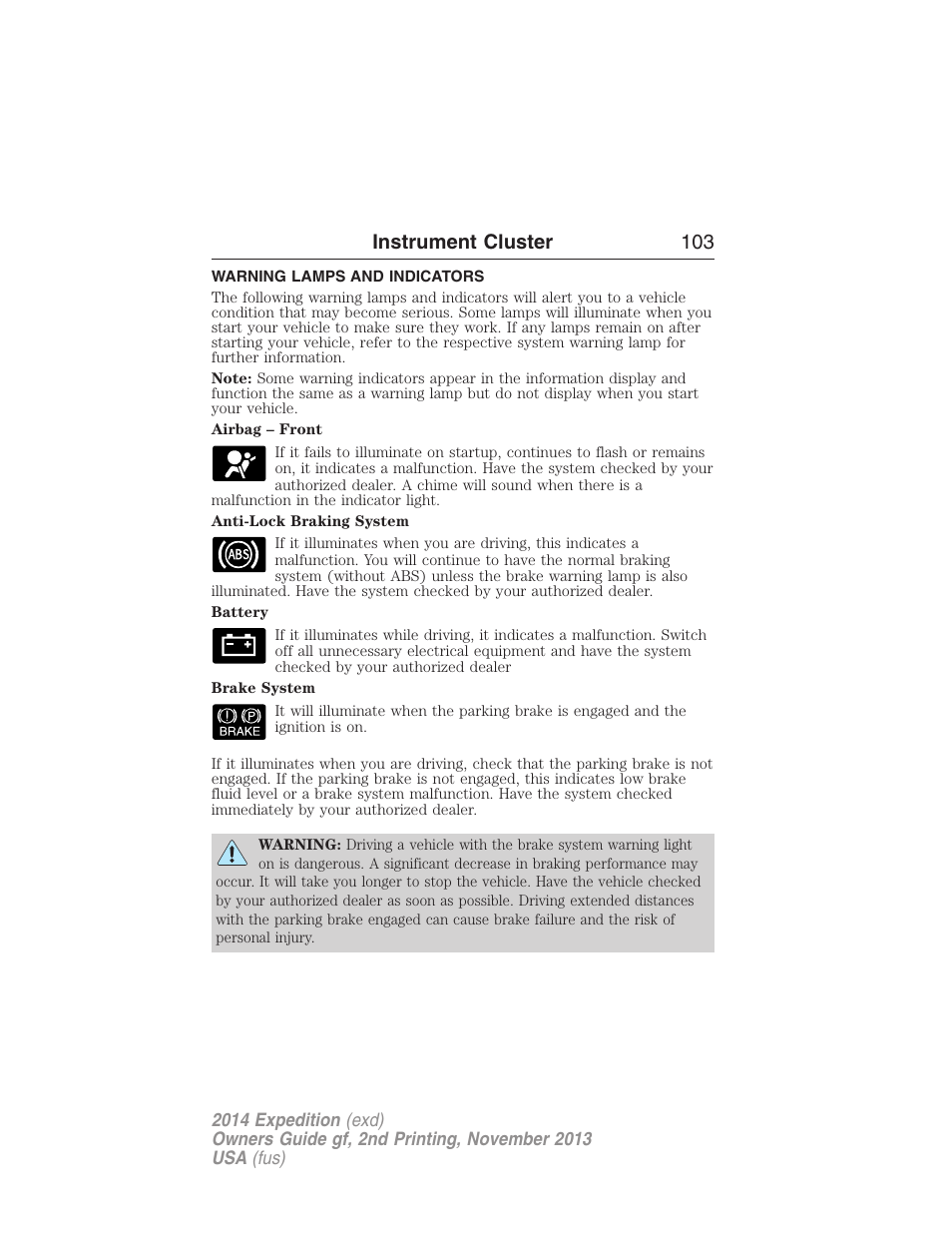 Warning lamps and indicators, Instrument cluster 103 | FORD 2014 Expedition v.2 User Manual | Page 104 / 529