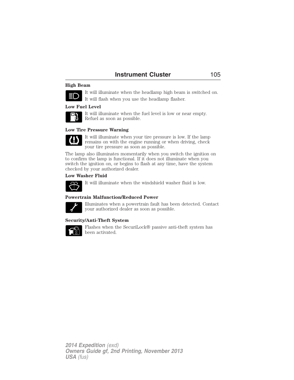 Instrument cluster 105 | FORD 2014 Expedition v.2 User Manual | Page 106 / 529