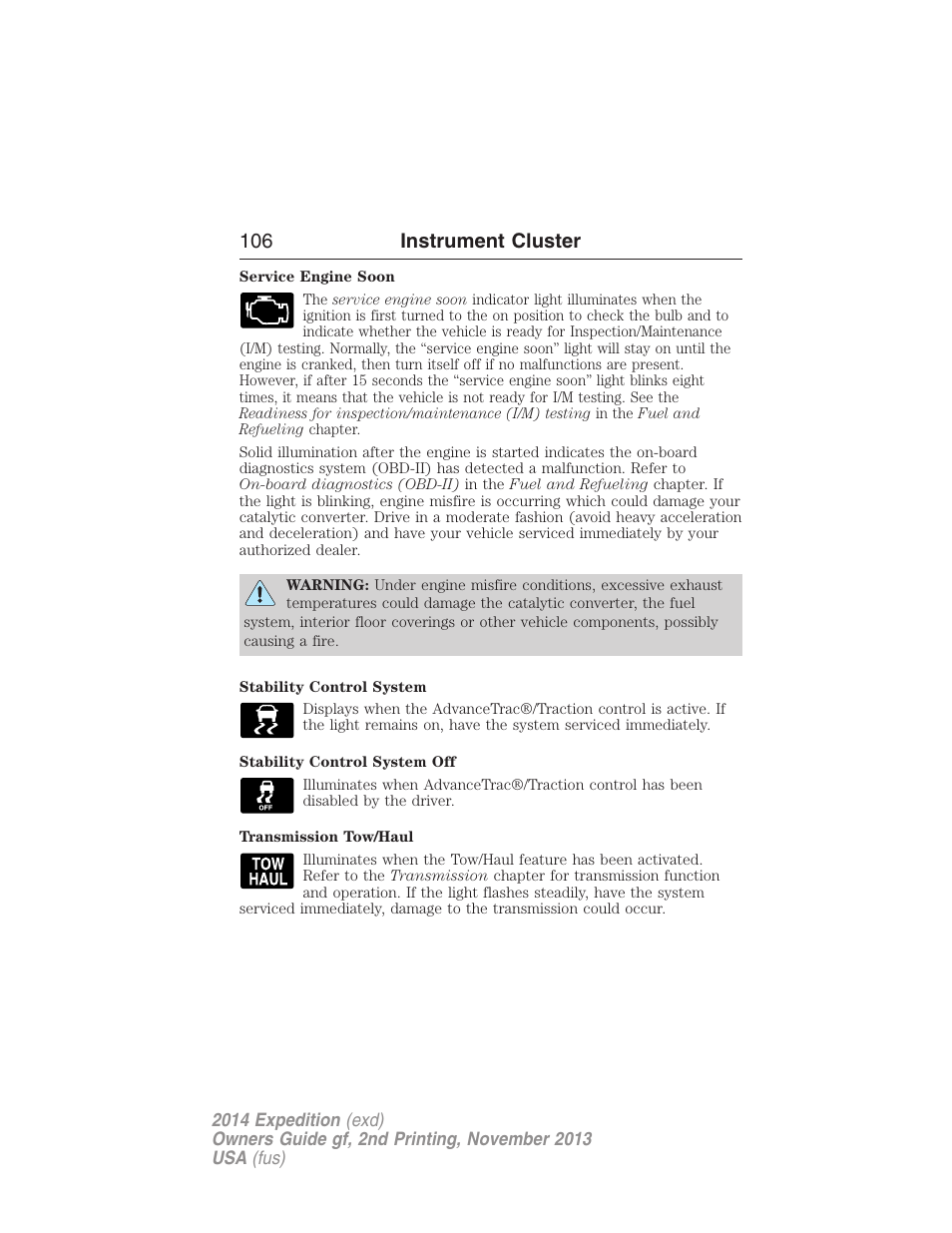 106 instrument cluster | FORD 2014 Expedition v.2 User Manual | Page 107 / 529