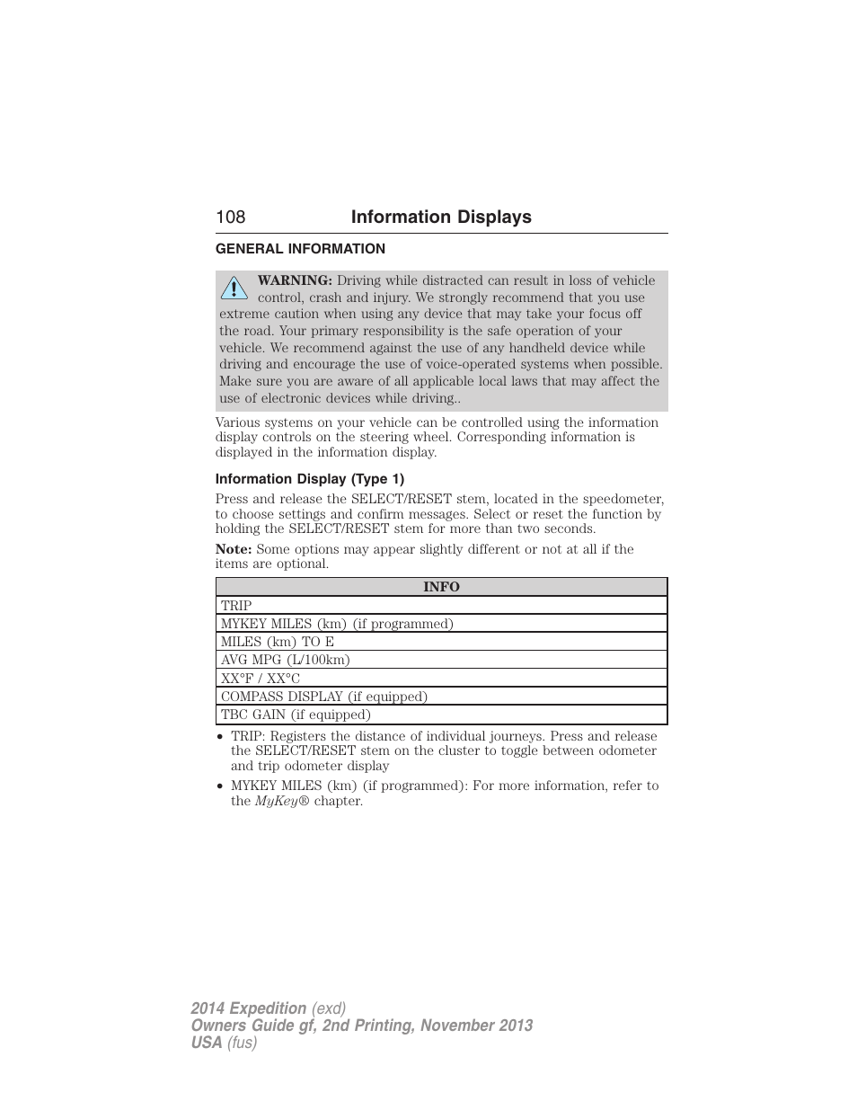 Information displays, General information, Information display (type 1) | Controls, 108 information displays | FORD 2014 Expedition v.2 User Manual | Page 109 / 529
