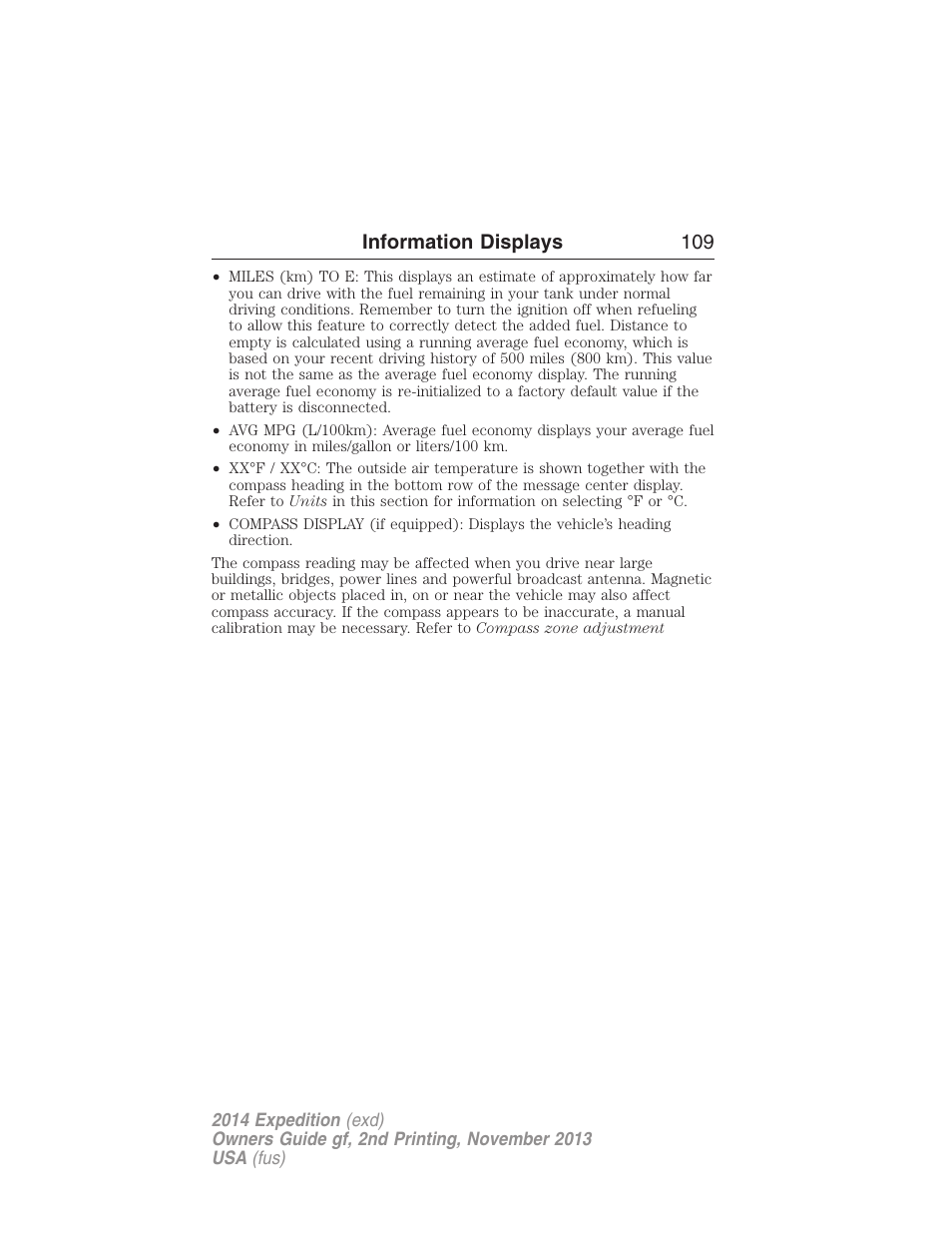 Information displays 109 | FORD 2014 Expedition v.2 User Manual | Page 110 / 529