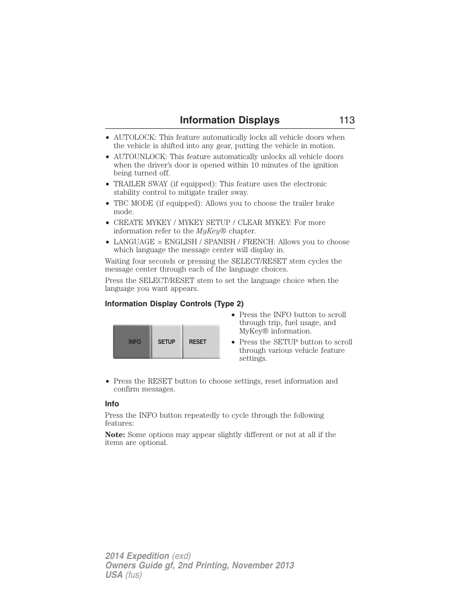 Information display controls (type 2), Info, Information displays 113 | FORD 2014 Expedition v.2 User Manual | Page 114 / 529