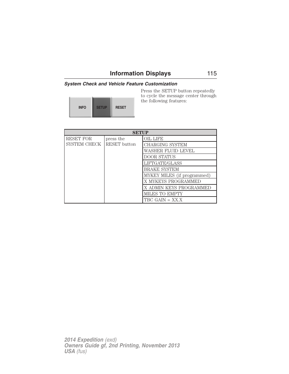 System check and vehicle feature customization, Information displays 115 | FORD 2014 Expedition v.2 User Manual | Page 116 / 529