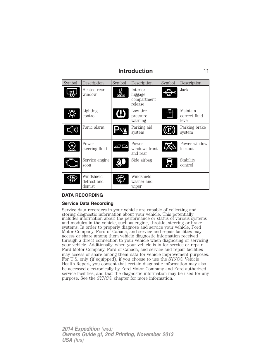 Data recording, Service data recording, Introduction 11 | FORD 2014 Expedition v.2 User Manual | Page 12 / 529