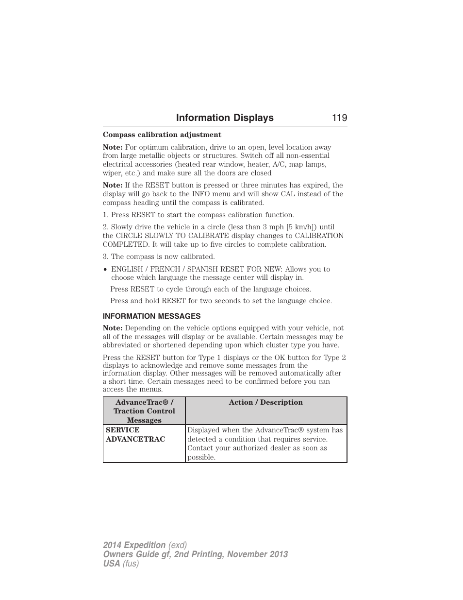 Information messages, Information displays 119 | FORD 2014 Expedition v.2 User Manual | Page 120 / 529