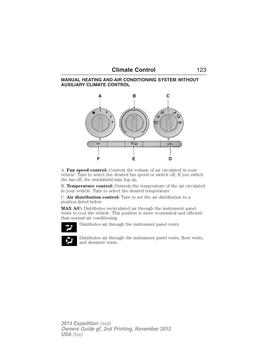 Climate control, Manual heating and air conditioning, Climate control 123 | FORD 2014 Expedition v.2 User Manual | Page 124 / 529