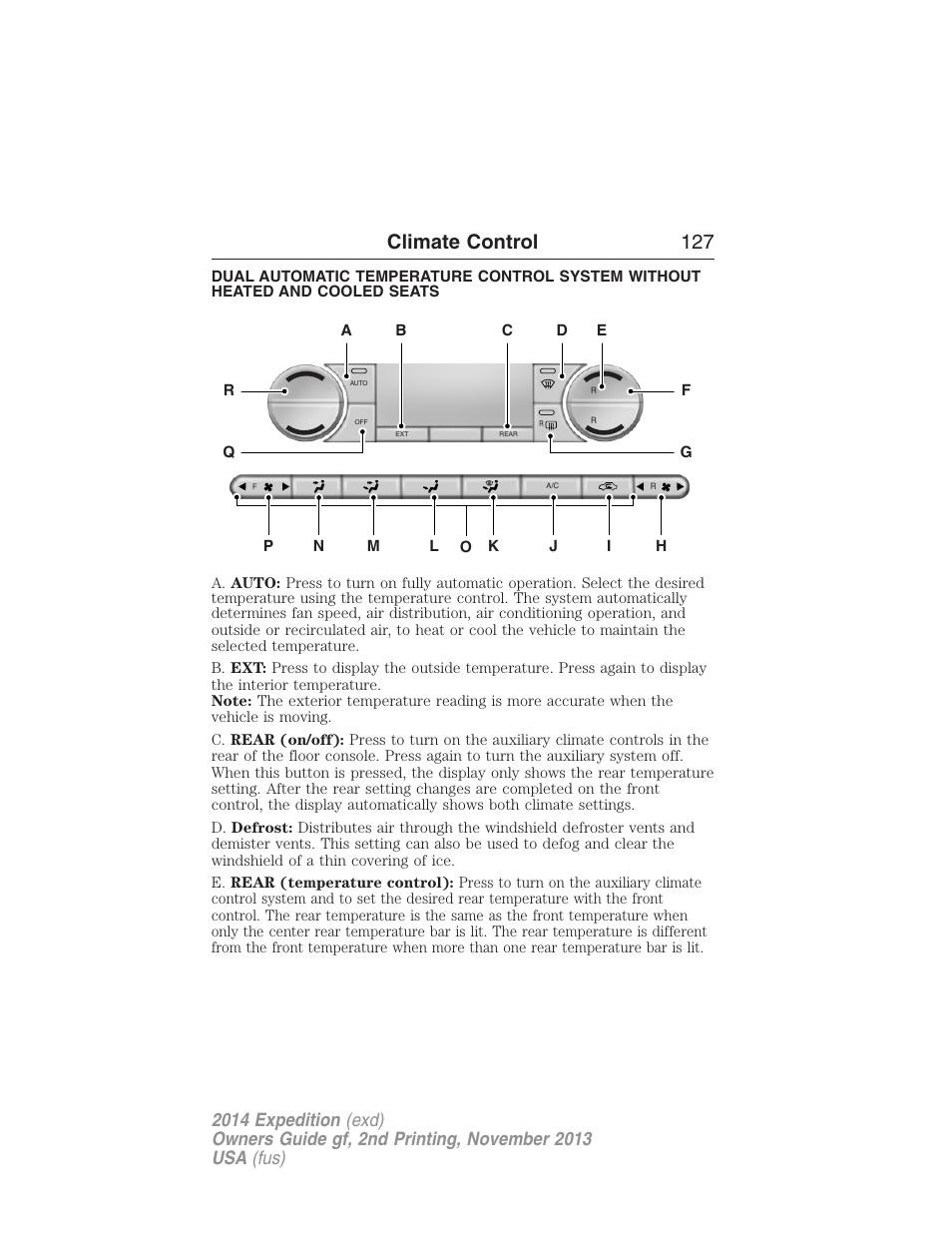 Dual automatic temperature control, Climate control 127 | FORD 2014 Expedition v.2 User Manual | Page 128 / 529