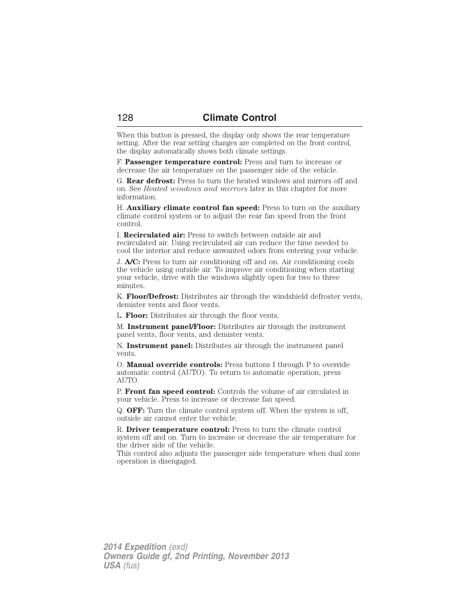128 climate control | FORD 2014 Expedition v.2 User Manual | Page 129 / 529