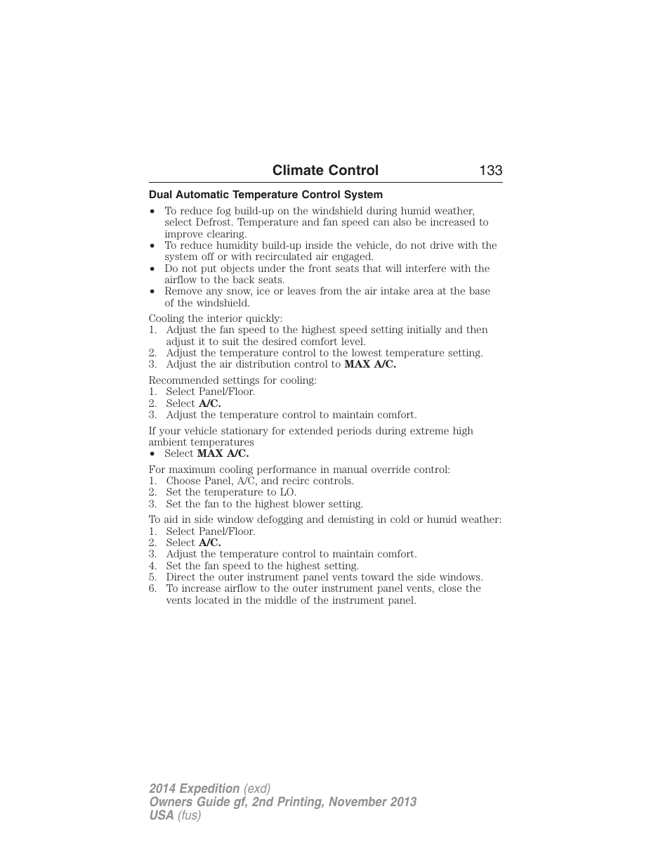 Dual automatic temperature control system, Climate control 133 | FORD 2014 Expedition v.2 User Manual | Page 134 / 529