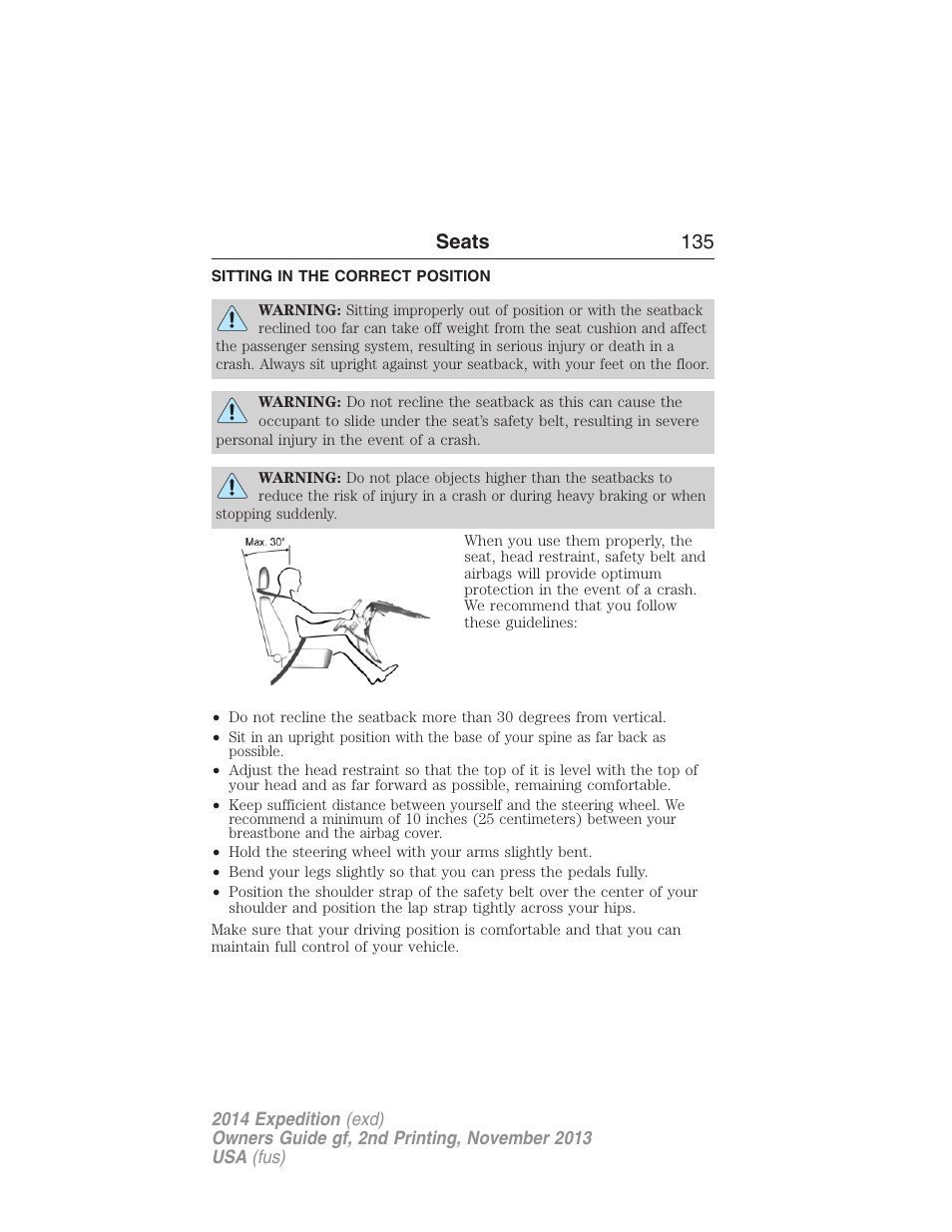 Seats, Sitting in the correct position, Seats 135 | FORD 2014 Expedition v.2 User Manual | Page 136 / 529