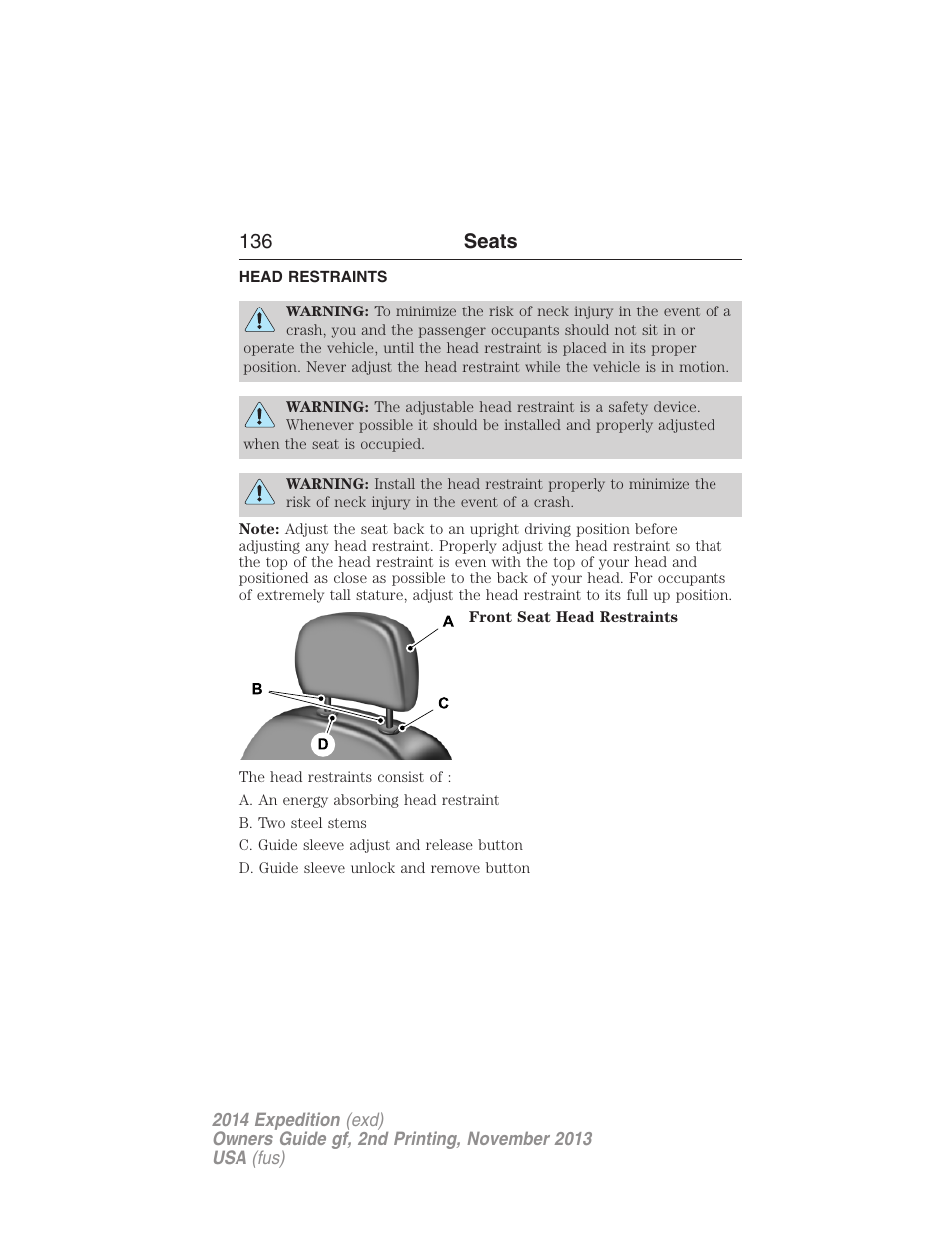 Head restraints, 136 seats | FORD 2014 Expedition v.2 User Manual | Page 137 / 529