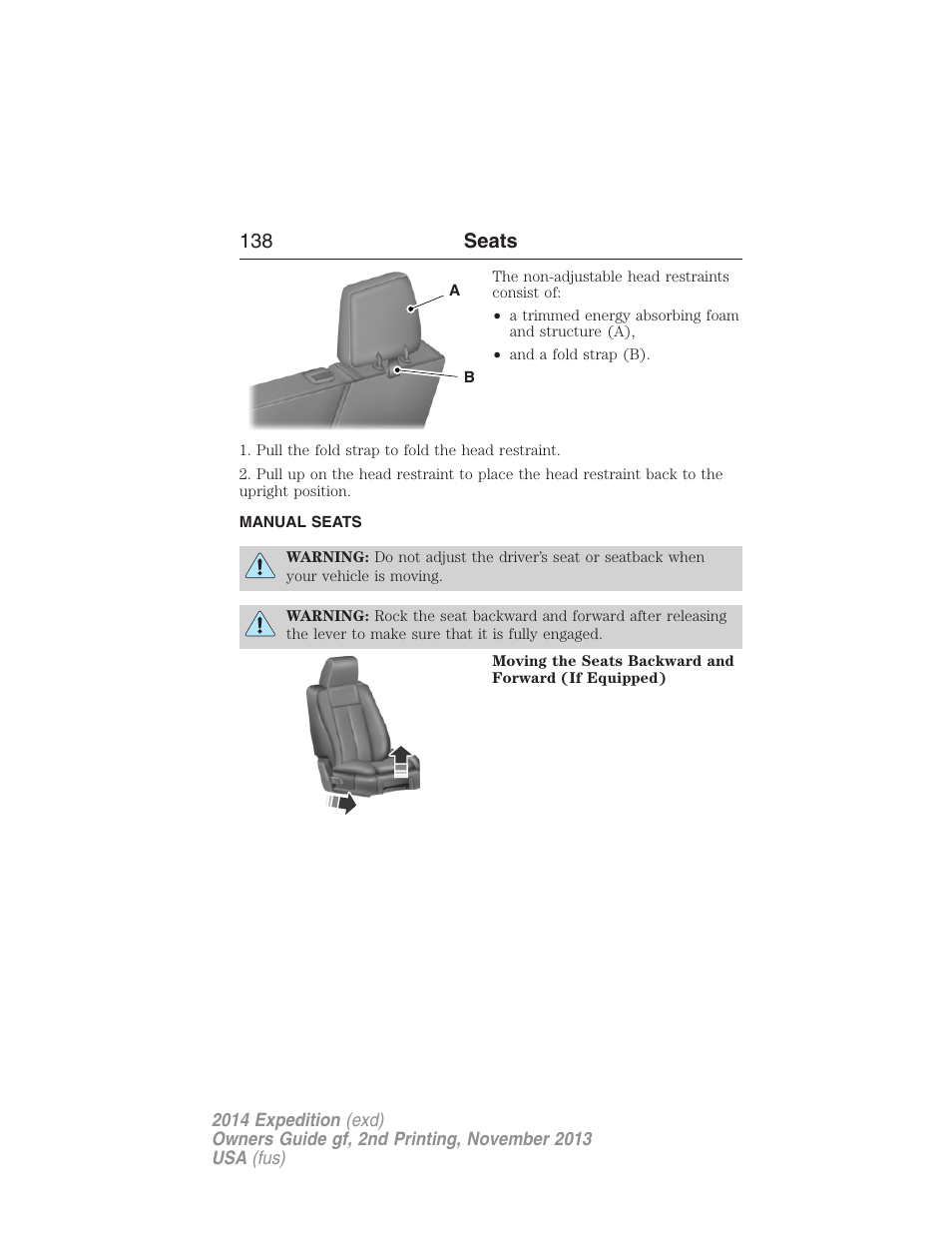 Manual seats, 138 seats | FORD 2014 Expedition v.2 User Manual | Page 139 / 529