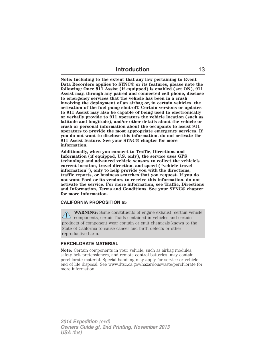 California proposition 65, Perchlorate material, Introduction 13 | FORD 2014 Expedition v.2 User Manual | Page 14 / 529