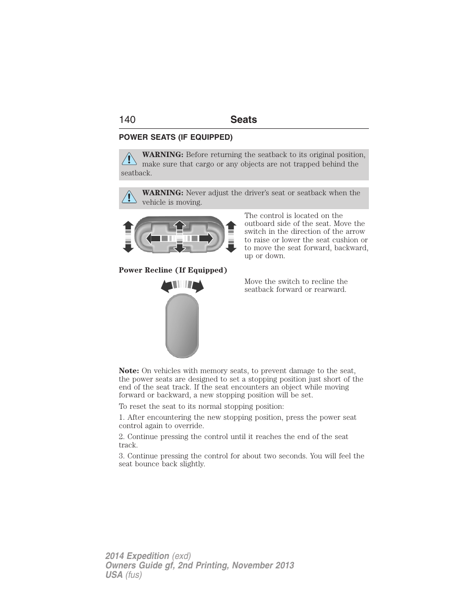 Power seats (if equipped), Power seats, 140 seats | FORD 2014 Expedition v.2 User Manual | Page 141 / 529