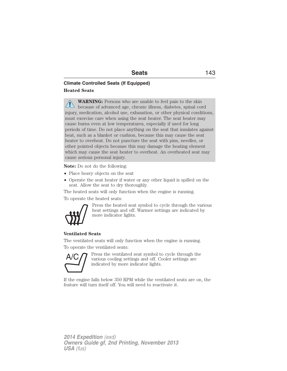 Climate controlled seats (if equipped), Seats 143 | FORD 2014 Expedition v.2 User Manual | Page 144 / 529