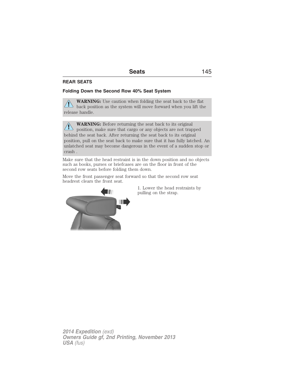 Rear seats, Folding down the second row 40% seat system, Seats 145 | FORD 2014 Expedition v.2 User Manual | Page 146 / 529