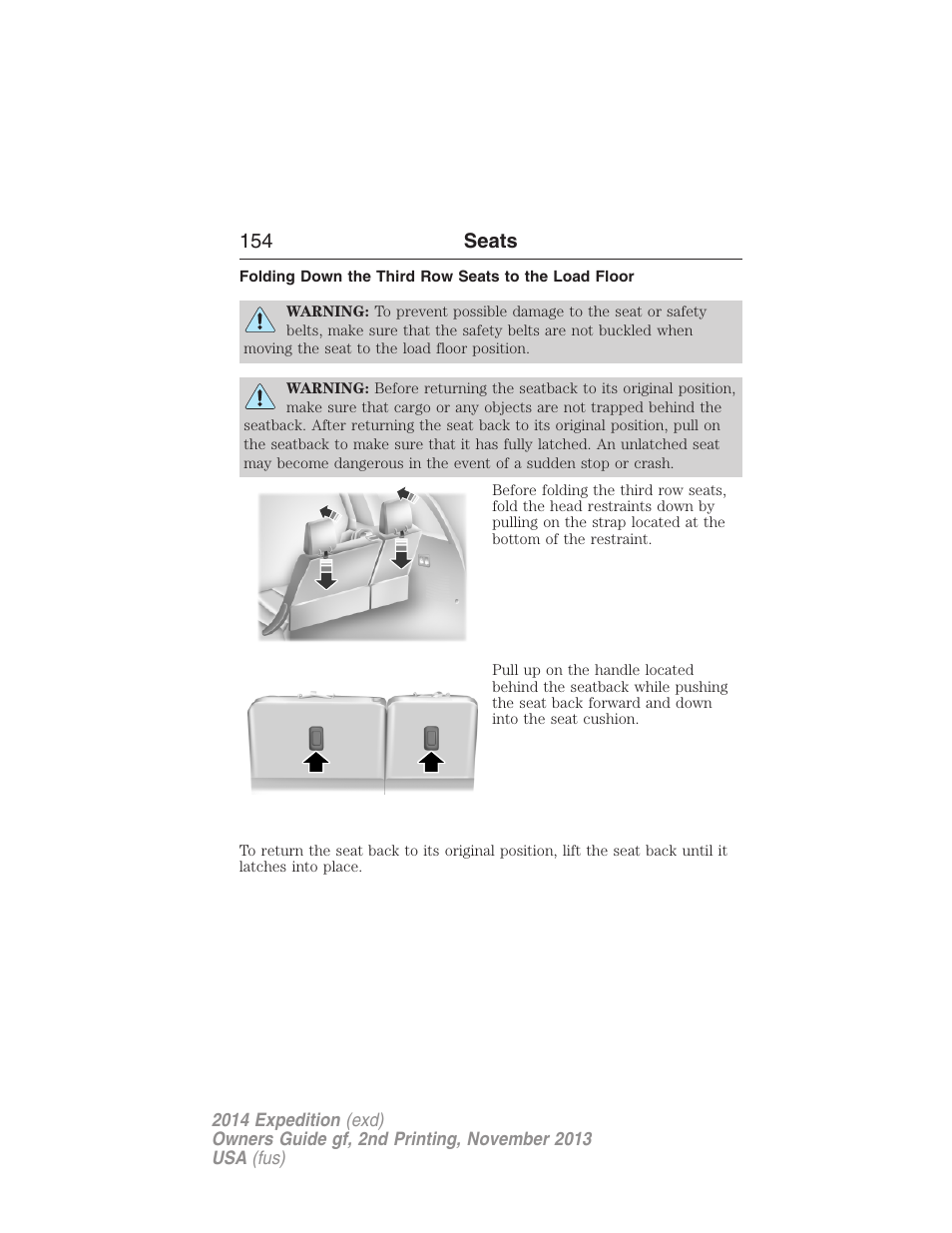 Folding down the third row seats to the load floor, 154 seats | FORD 2014 Expedition v.2 User Manual | Page 155 / 529