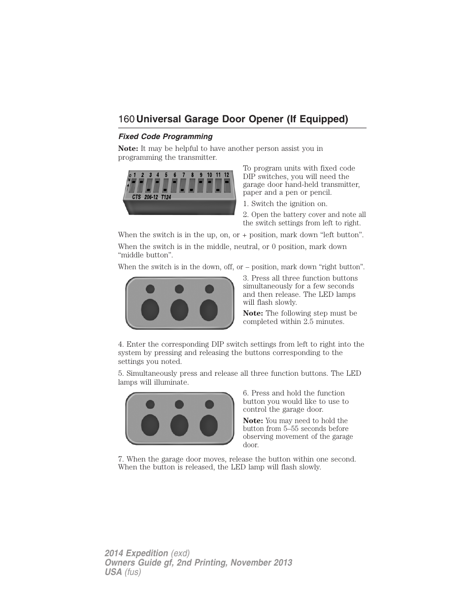 Fixed code programming, 160 universal garage door opener (if equipped) | FORD 2014 Expedition v.2 User Manual | Page 161 / 529