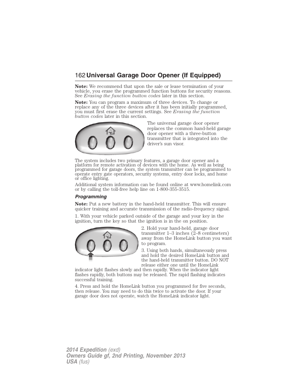 Programming, 162 universal garage door opener (if equipped) | FORD 2014 Expedition v.2 User Manual | Page 163 / 529