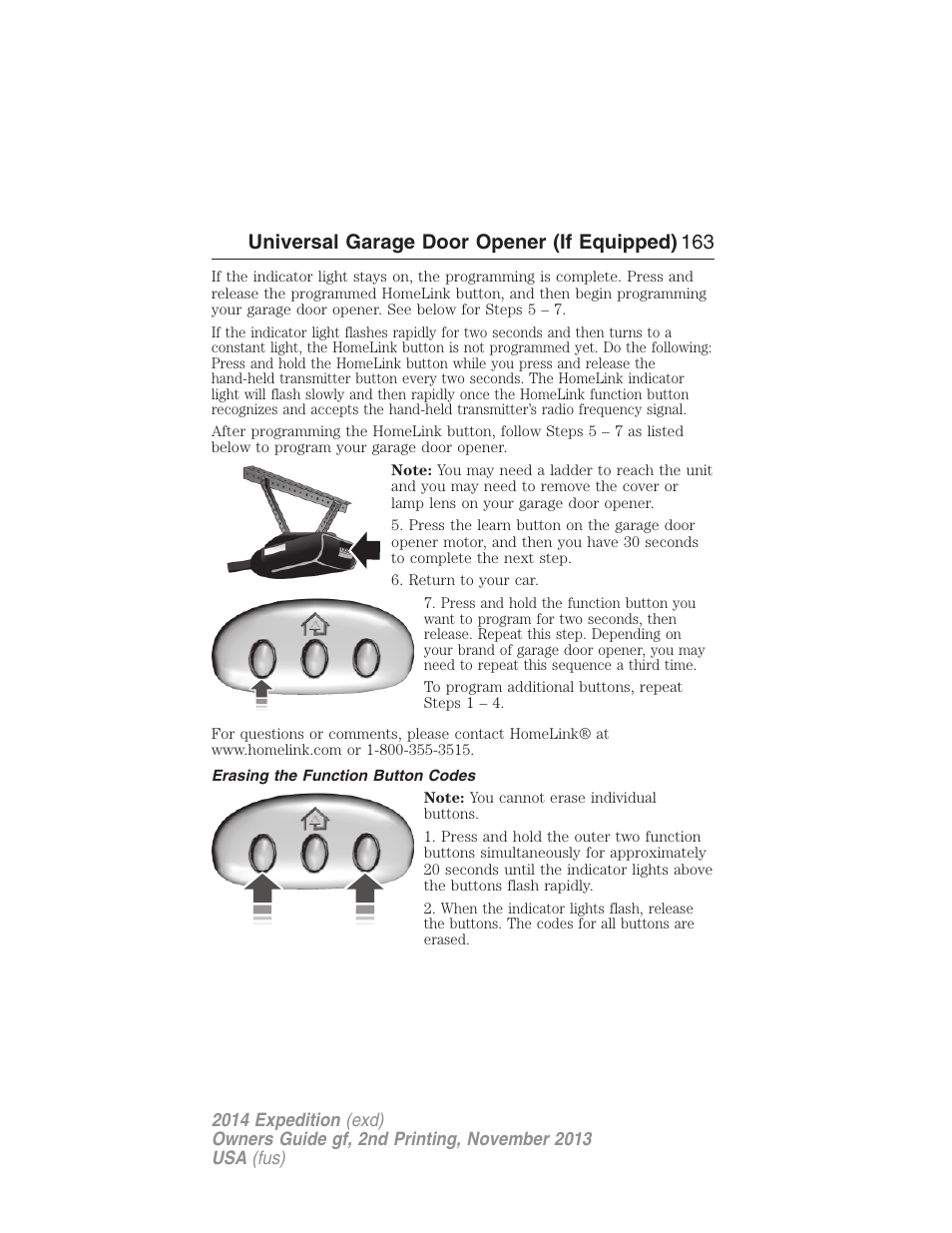Erasing the function button codes, Universal garage door opener (if equipped) 163 | FORD 2014 Expedition v.2 User Manual | Page 164 / 529