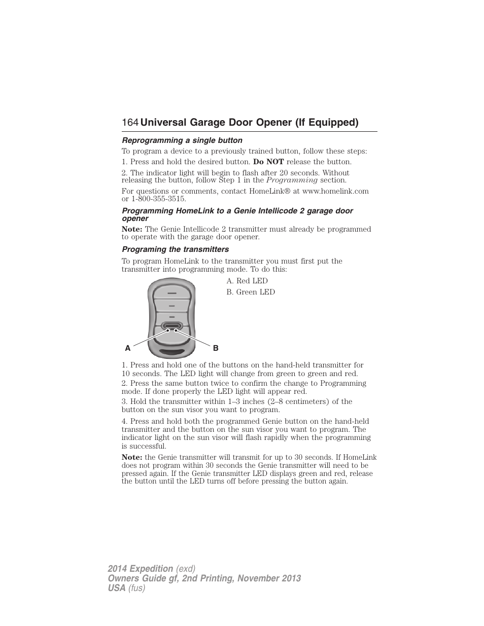 Reprogramming a single button, Programing the transmitters, 164 universal garage door opener (if equipped) | FORD 2014 Expedition v.2 User Manual | Page 165 / 529